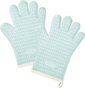 2Pack Heat Resistant Oven Mitts & Silicone Gloves with Fingers, Non-Slip Grip Food Grade Safety Mitts, Waterproof Kitchen Gloves for Cooking(Green)