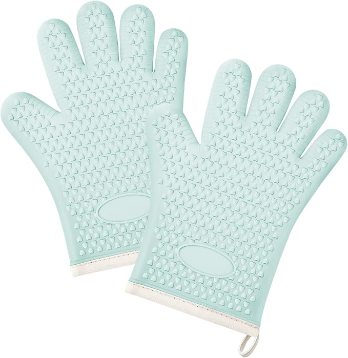 2Pack Heat Resistant Oven Mitts & Silicone Gloves with Fingers, Non-Slip Grip Food Grade Safety Mitts, Waterproof Kitchen Gloves for Cooking(Green)
