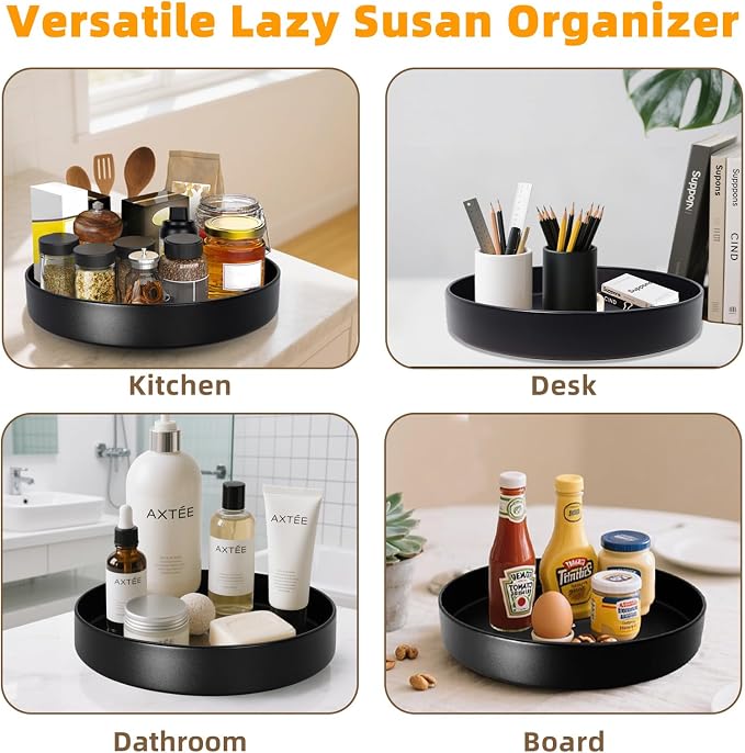 Metal Lazy Susan Organizer, 12 Inch Anti-Rust Turntable for Cabinet, Kitchen, Dining Table, Bathroom – Rotating Spice Rack, Spinner Storage, Round Carousel Organizer for Countertop Black