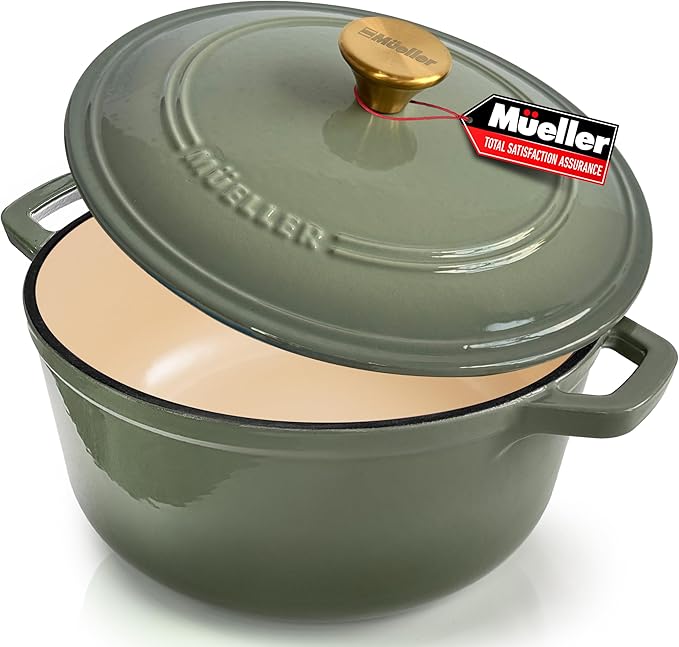 MUELLER HOME 7.5 Quart Enameled Cast Iron Dutch Oven For Sourdough Bread Baking, Heavy-Duty, Oven-Safe up to 500° F & Across All Cooktops, Casserole Dishes, Green Kitchen Accessories, Thyme Green | For Sourdough Bread Baking, Heavy-Duty, Oven-Safe up t...