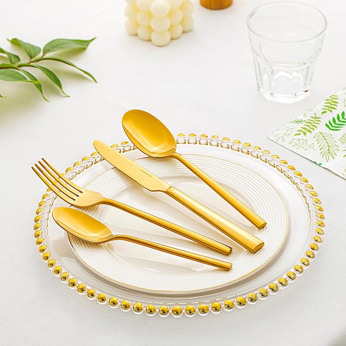 Gold Silverware Set, 20-Piece Forged Flatware Set Cutlery Set Premium Stainless Steel, Service for 4, for Kitchen, Home, Wedding, Party, Mirror Polished and Dishwasher Safe