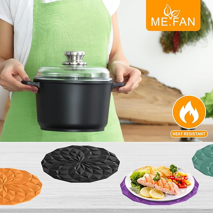 ME.FAN Silicone Trivet Mats - 4 Pack Pot Holders - 7.4'' Thickened Hot Pads for Hot pots, Pans and Dishes, Heat Resistant Silicone Trivet for Table and Counter Top Deep Grey