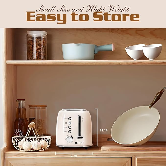 Aigostar Toaster 2 Slice, Retro Extra-Wide Slot, Cream White | Best Rated Prime, For Toasting Bagels, Breads, Waffles & More, Cancel, Defrost & 6 Browning, Removable Crumb Tray