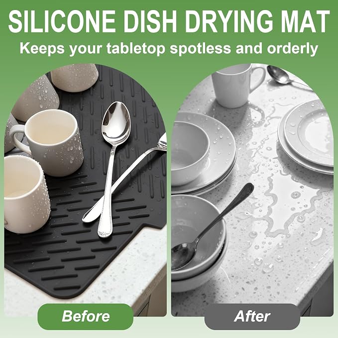 Silicone Dish Drying Mat for Kitchen Counter, Black-1pcs, 23" x 17" | Heat Resistant & Non-Slip Dish Drain Pad with Built-In Drain, Dishwasher Safe, Quick-Dry, Hangable & Roll-Up for Storage