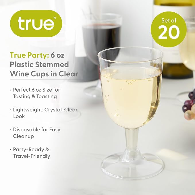 True Set of 20 Disposable Plastic Wine Glasses, Stemmed Clear Plastic Cups for Outdoors, Parties, 6 oz