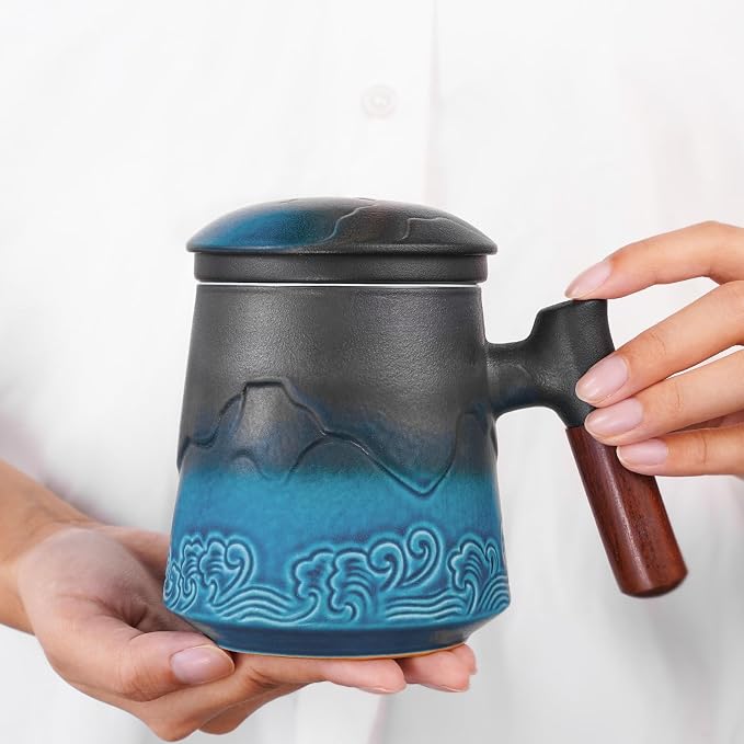 ZENS Tea Cup with Infuser and Lid for Loose Leaf Tea Steeper, 15oz Blue | Embossed Ceramic Tea Infuser Mug with Fine Strainer for Herbal Tea Lovers Gifts, Nature Wood Handle