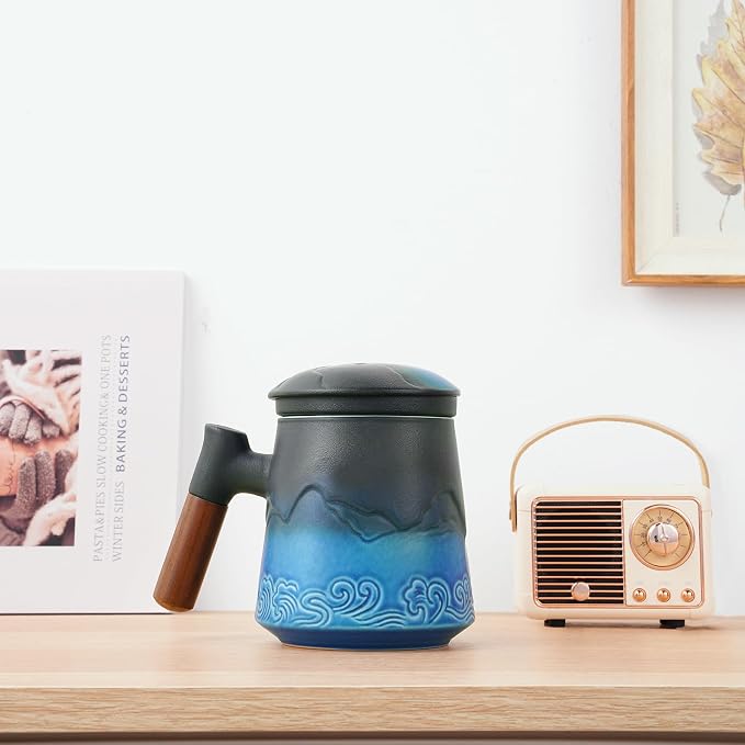 ZENS Tea Cup with Infuser and Lid for Loose Leaf Tea Steeper, 15oz Blue | Embossed Ceramic Tea Infuser Mug with Fine Strainer for Herbal Tea Lovers Gifts, Nature Wood Handle