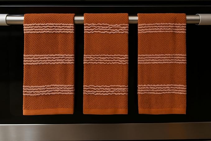 Terracotta Orange Rust Kitchen Dish Towels, 3 PC, 100% Cotton, 18" x 28" | Modern Farmhouse Textured Stripe Weave, Oversized Dish Cloth, Soft & Absorbent, Quick Dry, Multipurpose Everyday Use