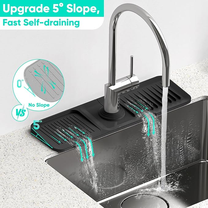 17.7inch Faucet Mat for Kitchen Sink [5°Slope Fast Self-draining] Kitchen Sink Splash Guard Silicone Kitchen Sink Faucet Mat Splash Guard for Kitchen Sink Area Tidy Splash Faucet Guard Draining Mat