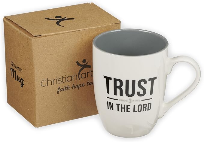 Christian Art Gifts Inspirational Ceramic Coffee & Tea Mug for Men & Women: Trust in the Lord Encouraging Bible Verse Proverb, Lead-free Novelty Drinkware w/Silver Foil, White & Dark Gray, 12 oz.