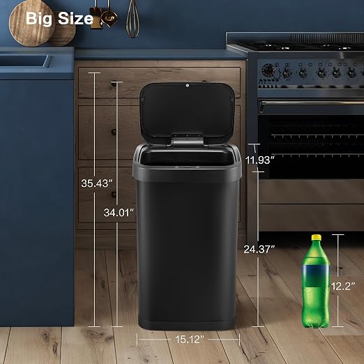 13 Gallon Trash Can, Touchless Stainless Steel Kitchen Bin (Black) | Automatic Motion Sensor Lid | 50L Fits 13 Gal Tall Kitchen Bags | Anti-Fingerprint Brushed Finish | For Home Office
