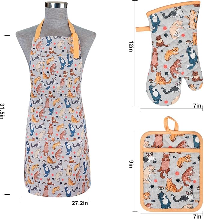 Alselo Oven Mitts and Pot Holders with Chef Apron,Kitchen Set of 5 | Heat Resistant Kitchen Gloves and Silicone Non-Slip Potholders Adjustable Neck Buckle Chef Apron, Cotton Cat Design (Cat)