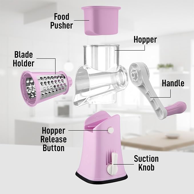 Zulay Kitchen Rotary Cheese Grater 5 Blade Cheese Shredder - Manual Hand Crank Cheese Grater With Reinforced Suction & 5 Interchangeable Drums - Easy to Use, Vegetable Chopper Round Mandoline Slicer