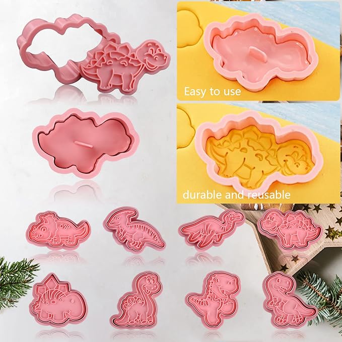 8 Pcs 3D Dinosaur Cookie Cutters With Plunger Stampers | Different Dinosaurs Shapes Embossing Cutters For Biscuit Fondant Cheese Baking