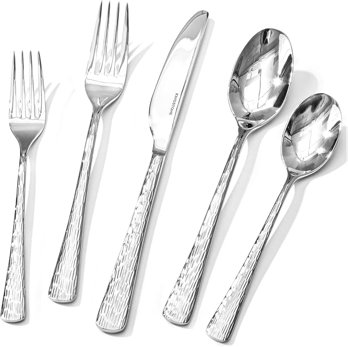 Silverware Set for 12, 60 Piece Flatware Set, 18/10 Stainless Steel | Hammered Mirror Polished Ripple Handles, Dishwasher Safe, Rust Resistant, for Home Kitchen, Wedding, Party, Housewarming Gift