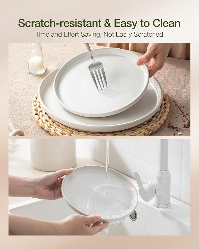 Famiware Milkyway 12-Piece Dinnerware Set, Matte Beige White & Light Blue | Stoneware Plates and Bowls for 4, Reactive Glaze Dish Set, Microwave & Dishwasher Safe, Chip & Scratch Resistant