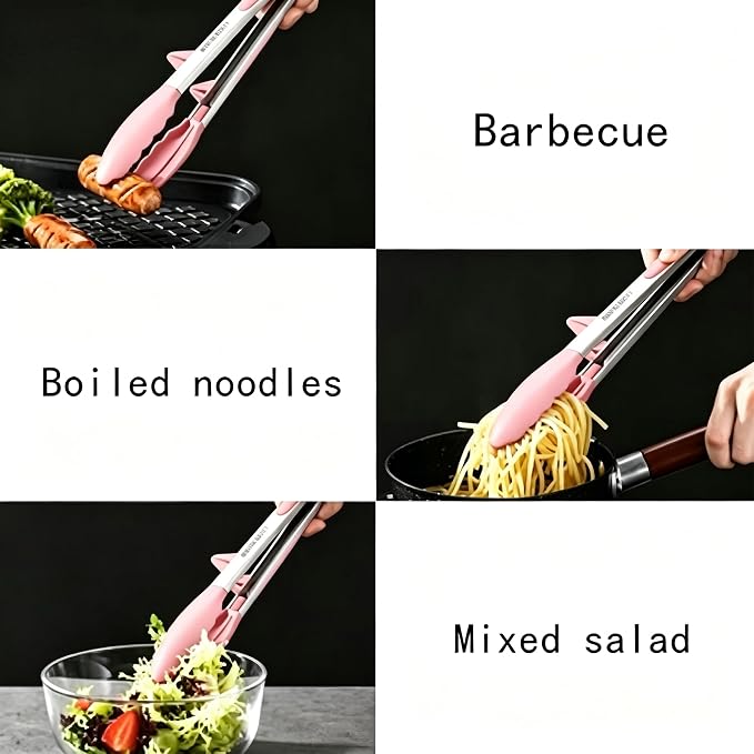 2 Pack Pink Silicone Cooking Tongs, 12-9Inch Stainless Steel Tongs for Cooking Heat Resistant Silicone Cooking Tongs Perfect for Grilling, Salad, and Canning