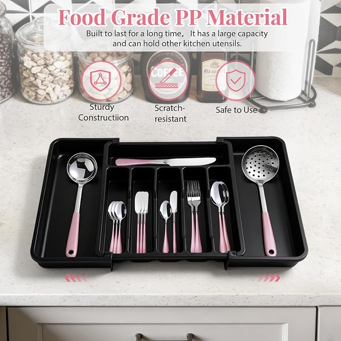 30 Pieces Silverware Set with Organizer, Stainless Steel Cutlery Set Flatware Set for 6 Person, Tableware Set Includes Dinner Knives Forks Spoons Teaspoons Butter Knives (PinK Silver-30PCS)