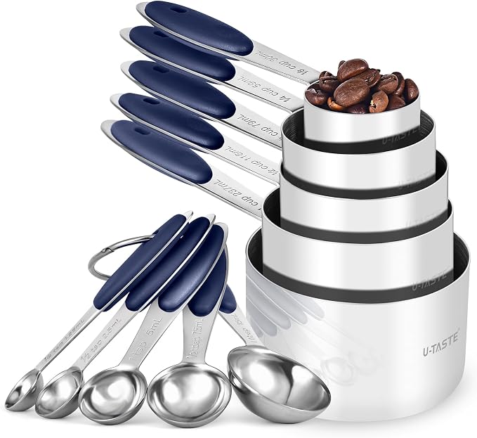 U-Taste Measuring Cups Spoons Set, 18/8 Stainless Steel, 10Pc/Midnight Blue | Upgraded Thickened Handle, Reinforced Welded Joints, Nested Stackable Design, Metal Measure Set for Kitchen Baking Cooking