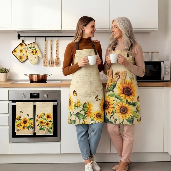 Bencailor 13 Pcs Sunflower Kitchen Set Retro Yellow Farmhouse Kitchen Decor Rustic Sunflower Dish Towels Retro Yellow Apron Oven Mitts and Pot Holders with Cute Wooden Tableware Set for Home