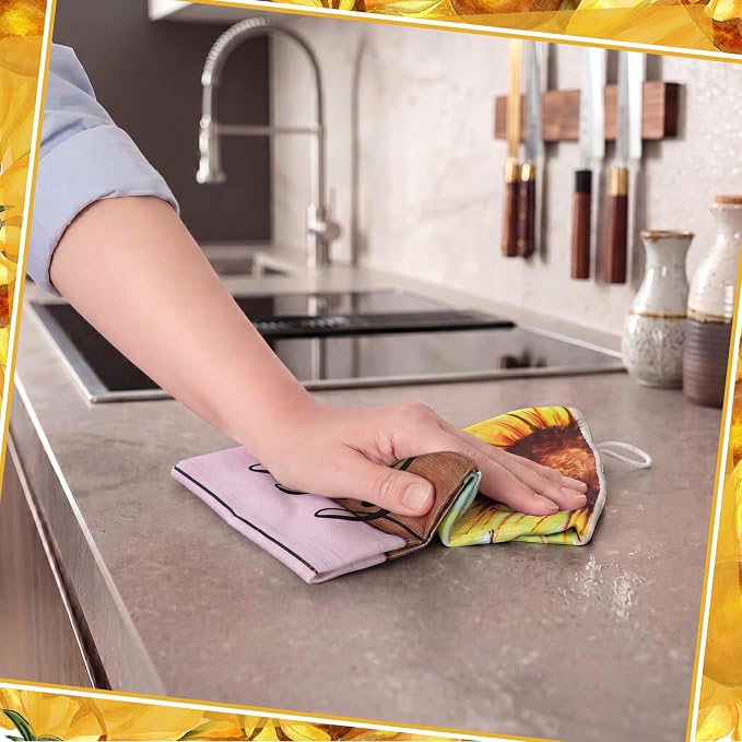 4 Pcs Sunflower Kitchen Towels Gifts Floral Hand Dish Towels | Absorbent Farmhouse Yellow Fast Drying Decor Housewarming Gift for Cooking Bathroom Kitchen Decor