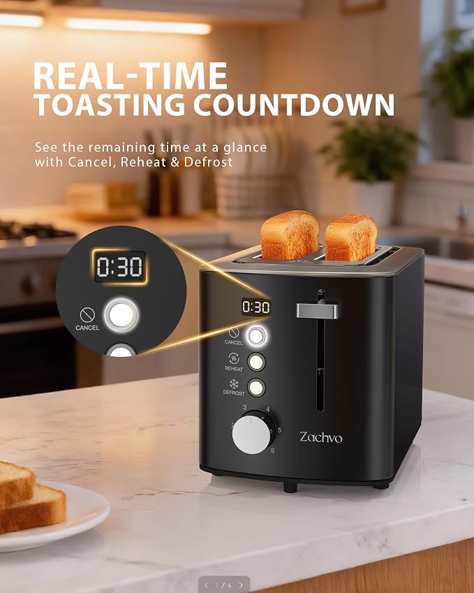 2 Slice Toaster with Countdown Timer, Wide Slots Fits Thick Bread & Bagel | 6 Browning Levels, Defrost, Reheat & Cancel, Removable Crumb Tray, Compact Design for Everyday Breakfast