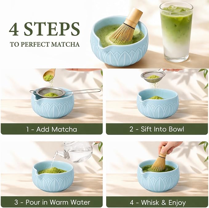 Matcha Whisk Set, Ceramic Matcha Set Includes Bowl & Holder, Bamboo Whisk (Chasen), Scoop, Spoon and Sifter, 6Pcs Matcha Kit Covers Everything Needed for Making Matcha (Leaf Blue)