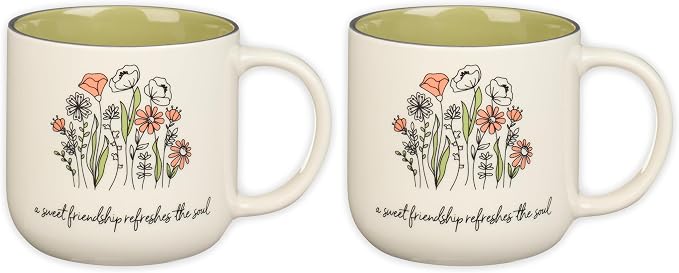Christian Art Gifts Large Ceramic Coffee & Tea Mug for Women & Friends: Sweet Friendship - Proverbs 27:9 Scripture, Cute Microwave/Dishwasher Safe Floral Cup, Sage Green/White, 15 oz. (Pack of 2)