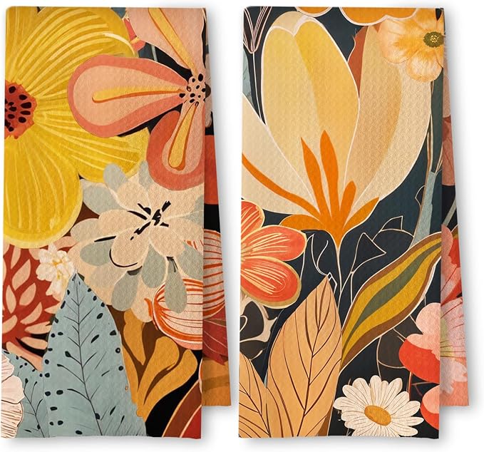 Abstract Boho Floral Kitchen Towels Set of 2, Maximalist Colorful Flower Hand Towels for Bathroom Decor, Mid Century Modern Dish Tea Towels for Kitchen Decor, 16x24 Inch
