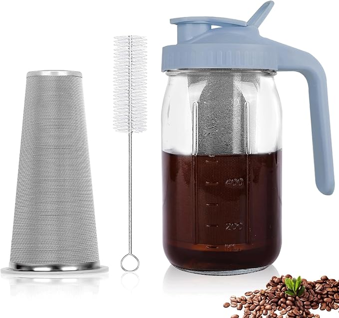 Cold Brew Coffee Maker, 32 oz Mason Jar Pitcher with Stainless Steel Filter, Pour Spout Handle Lid, Heavy Duty Glass Airtight & Leak-Proof for Iced Coffee,Tea & Lemonade