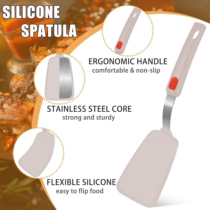 Beijiyi Silicone Spatula Turner Set of 3, 600°F Heat Resistant (Khaki) | Flexible Spatulas for Nonstick Cookware, Cooking, Flipping, Egg & Pancake, BPA Free Kitchen Utensils, Dishwasher Safe