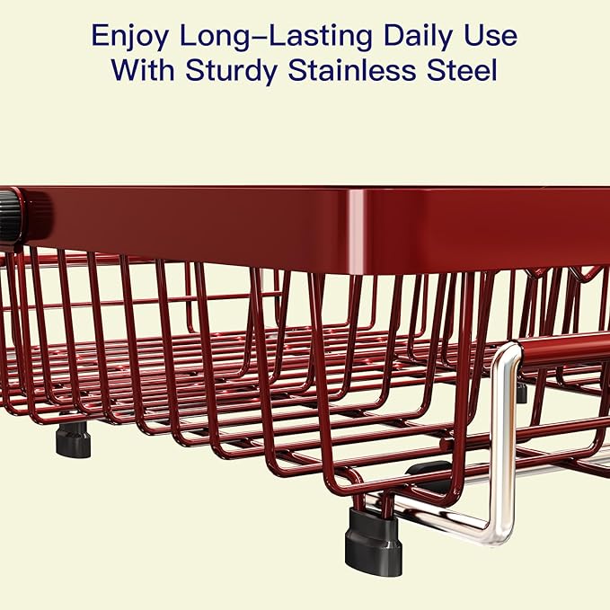 Red Dish Drying Rack Over The Sink with Utensil Holder | Expandable Stainless Steel Dish Drainer for Small Kitchen, Apartment, RV, Counter Space Saving, Perfect Fit, Rustproof
