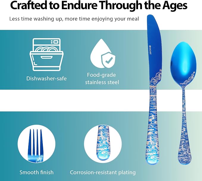 Wave Cutlery Set 20 Pieces Stainless Steel Flatware Set (All Blue) | Service for 4 Utensils For Home Kitchen Wedding Laser Engraved Dishwasher Safe