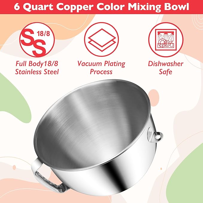 6 Quart Stainless Steel Mixer Bowl for Kitchenaid Bowl-Lift Mixer KP26 KL26 | 18/8 Stainless Steel, Heavy Duty, Dishwasher Safe, Mixing Bowl for Kitchenaid KP26, KL26, KT26