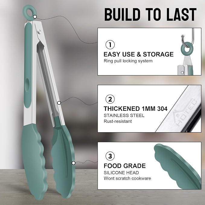 HOTEC Premium Stainless Steel Locking Kitchen Tongs with Silicon Tips, Set of 3-7", 9" and 12" (Sage Green)