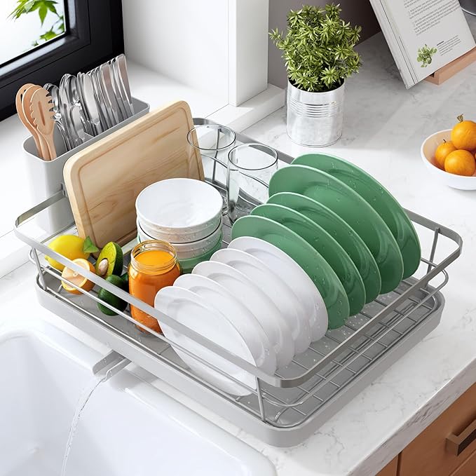 Kitsure Dish Drying Rack for Kitchen Counter, 12''W x 15.5''L, Silver | Stainless Steel Sink Organization, Cutlery Holder, Home and Appartment Decor
