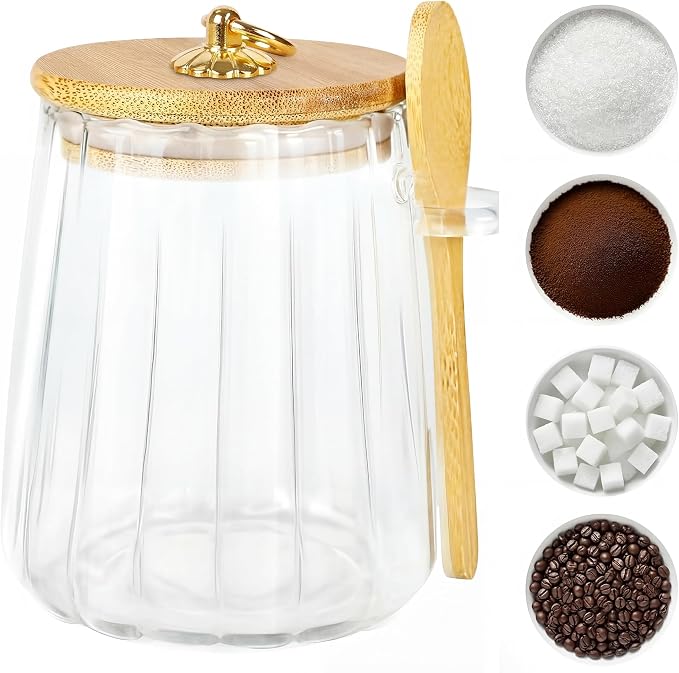 holoith Sugar Jar with Lid and Spoon,24oz Large Glass Spice Jars | Coffee Bar Decor Accessories Food Storage Containers Home Essentials