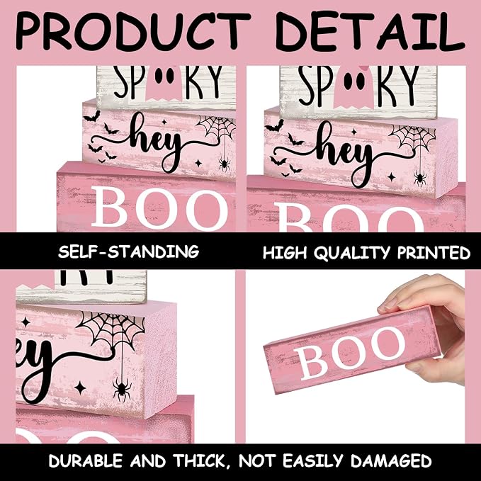 Lineshading 4 Pcs Pink Halloween Tiered Tray Decor, Wooden Ghost Signs | Cute Farmhouse Tabletop Decorations, Rustic Wood Blocks with SPOOKY BOO Text, Pink Aesthetic Centerpiece for Party Display