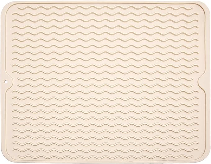 Silicone Dish Drying Mat, Non-Slip Easy Clean Sink Mat, Beige, 24" x 18" | Quick-Dry Ridges, Large Heat-resistant Dish Drainer Mat for Kitchen Counter, Hangable & Roll-Up for Storage, Dishwasher Safe