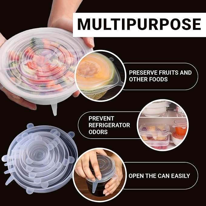4 Pack 8.1in Reusable Silicone Stretch Lids, Silicone Bowl Covers for Food Storage, Universal Stretchable Lids for Containers Produce, Elastic Expandable Seal Cover, Microwave Freezer Safe