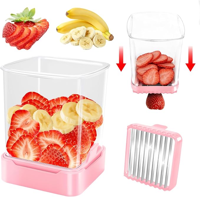 Fruit Slicer Cup for Strawberry, Banana, Hard-Boiled Egg - Detachable Cutter with Push Plate - Rapid & Safe Slicing Kitchen Gadget for Quick Meal Prep, Pink