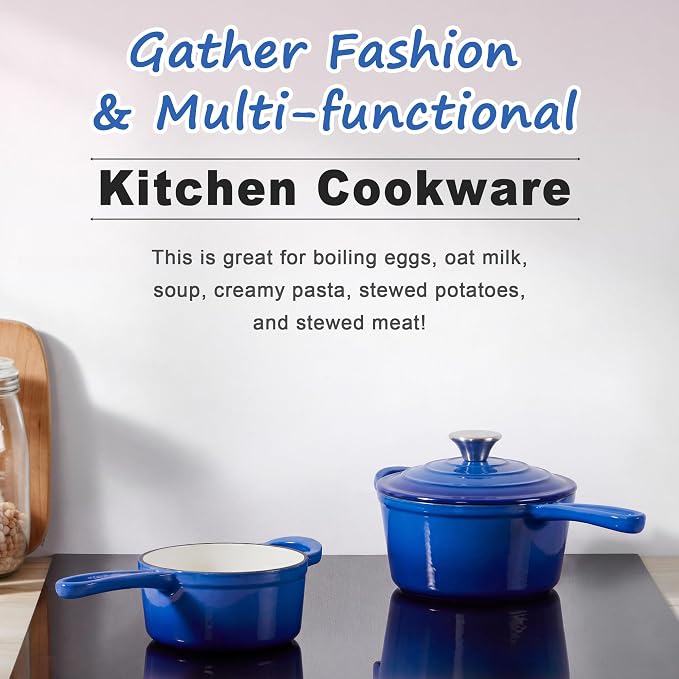 2 Quart Saucepan with Lid, Leonyo Enameled Cast Iron Dutch Oven Pot, Non Stick Small Cooking Pots Kitchen Induction Cookware for All Cooktops Cooking Pasta, Soup, Ramen - Up to 500°F, Dark Blue