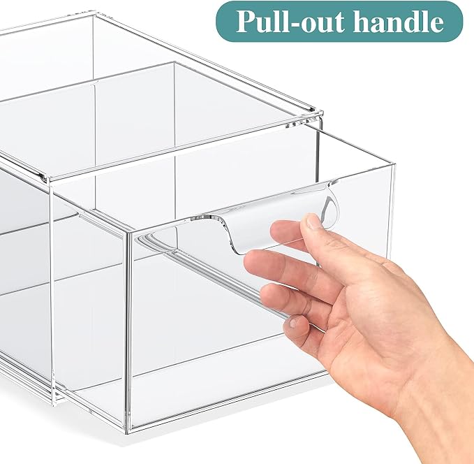 6 Pack Stackable Acrylic Makeup Organizer, Clear Storage Drawers | Clear Plastic Drawer Organizers with Handles for Vanity, Bathroom, Bedroom, Cosmetics, Jewelry and Home Storage