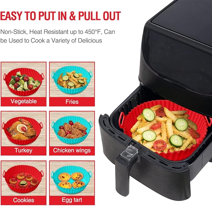 2 Pack Air Fryer Silicone Liners Pot for 3 to 5 QT, Basket Bowl, Replacement of Flammable Parchment Paper, Reusable Baking Tray Oven Accessories, Red+Blue, (Top 8in, Bottom 6.75in)