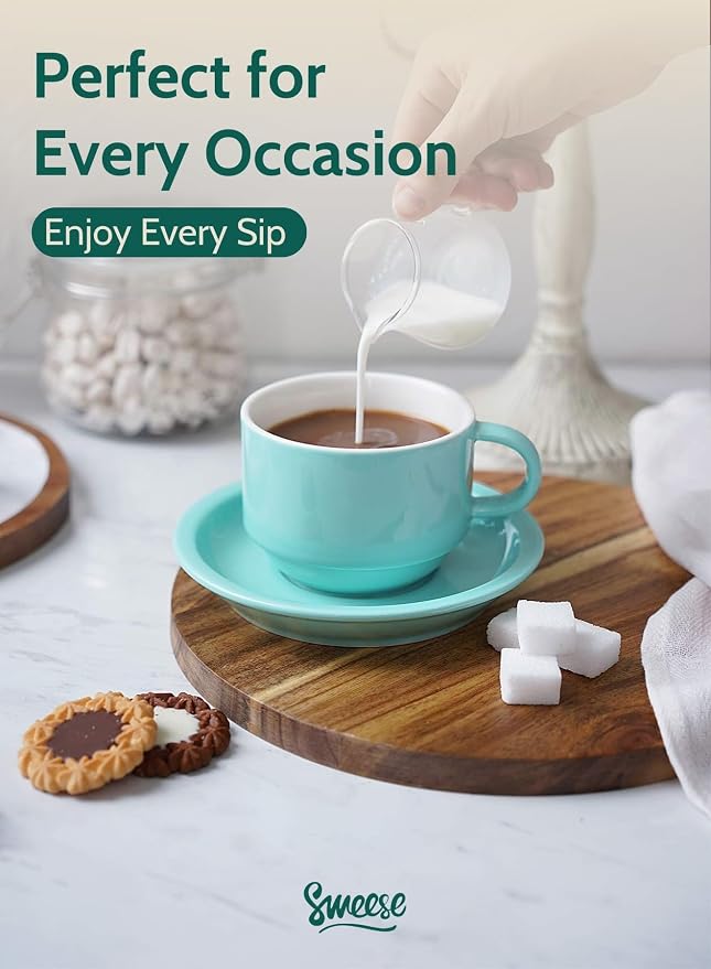 Sweese 8 Ounce Porcelain Stackable Cappuccino Cups with Saucers and Metal Stand - for Specialty Coffee Drinks, Cappuccino, Latte, Americano and Tea - Set of 4, Turquoise