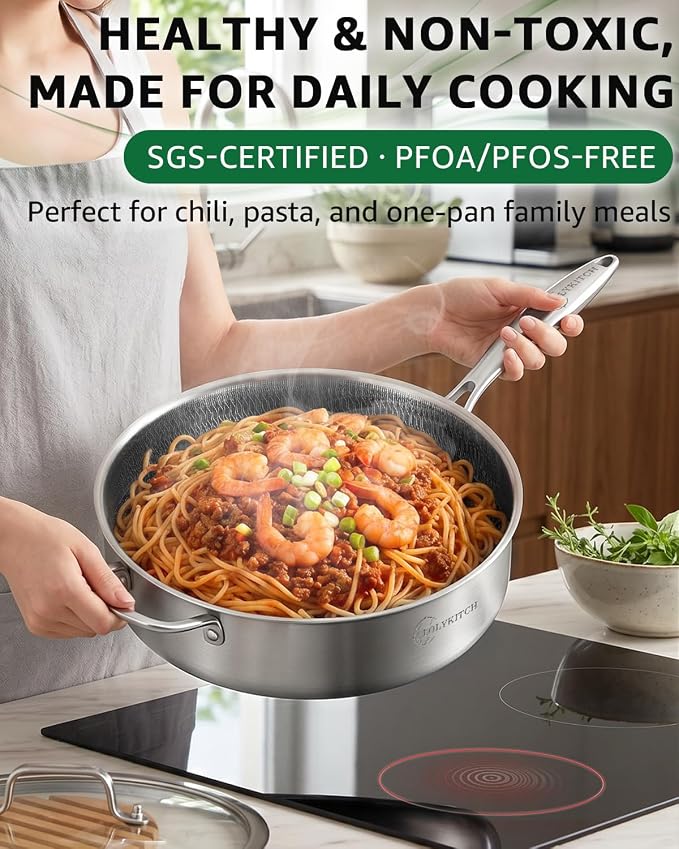 LOLYKITCH 6-Quart Large Frying Pan with Lid | 12 Inch | Detachable Handle | Tri-Ply Stainless Steel | Hybrid Nonstick Ceramic Coated | Deep Skillet | Saute Pan for Family Meals | Induction Oven-Safe