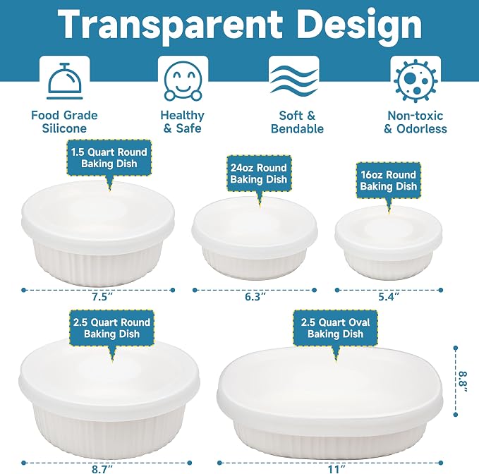 Silicone Lids for Corningware 1.5 Quart Round Dish, 1 Pack Reusable Covers for CorningWare F-5-PC French White Baking Dish (Dish not Included) Dishwasher & Microwave & Freezer Safe