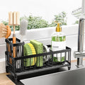 Cisily Sponge Holder for Kitchen Sink, Sink Caddy Organizer with High Brush Holder, Kitchen Countertop Organizers and Storage Essentials (Black Shelf with Stone Tray, Small)
