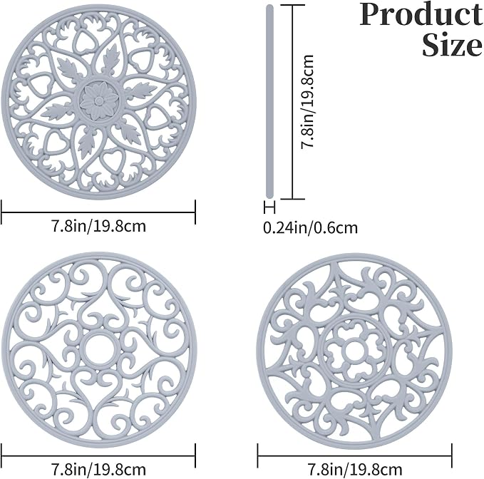 Silicone Trivets Mats for Hot Pots and Pans, Multi Purpose Trivets Mat -Heat Resistant Silicone Trivet Intricately Carved Hot Pads Set of 6 (C: Style 1-Light Grey)