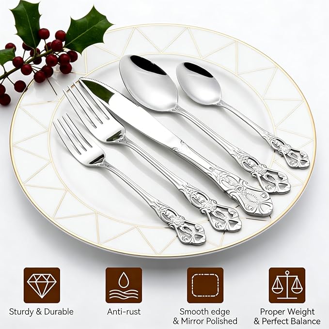 Cididu 40 Pieces Retro Royal Silverware Set for 8, Stainless Steel Flatware Set, Dishwasher Safe Dinnerware Set Including Forks Spoons and Knives, Vintage Cutlery Set for Wedding, Party and Christmas